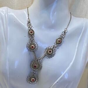 Antique Silesian Wirework Necklace Red Rhinestone Floral Y Drop